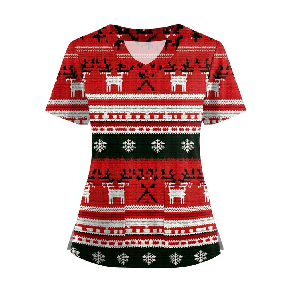 Women's Short Sleeved Christmas Printed V-neck Buttonable Side Slit Top T-shirt