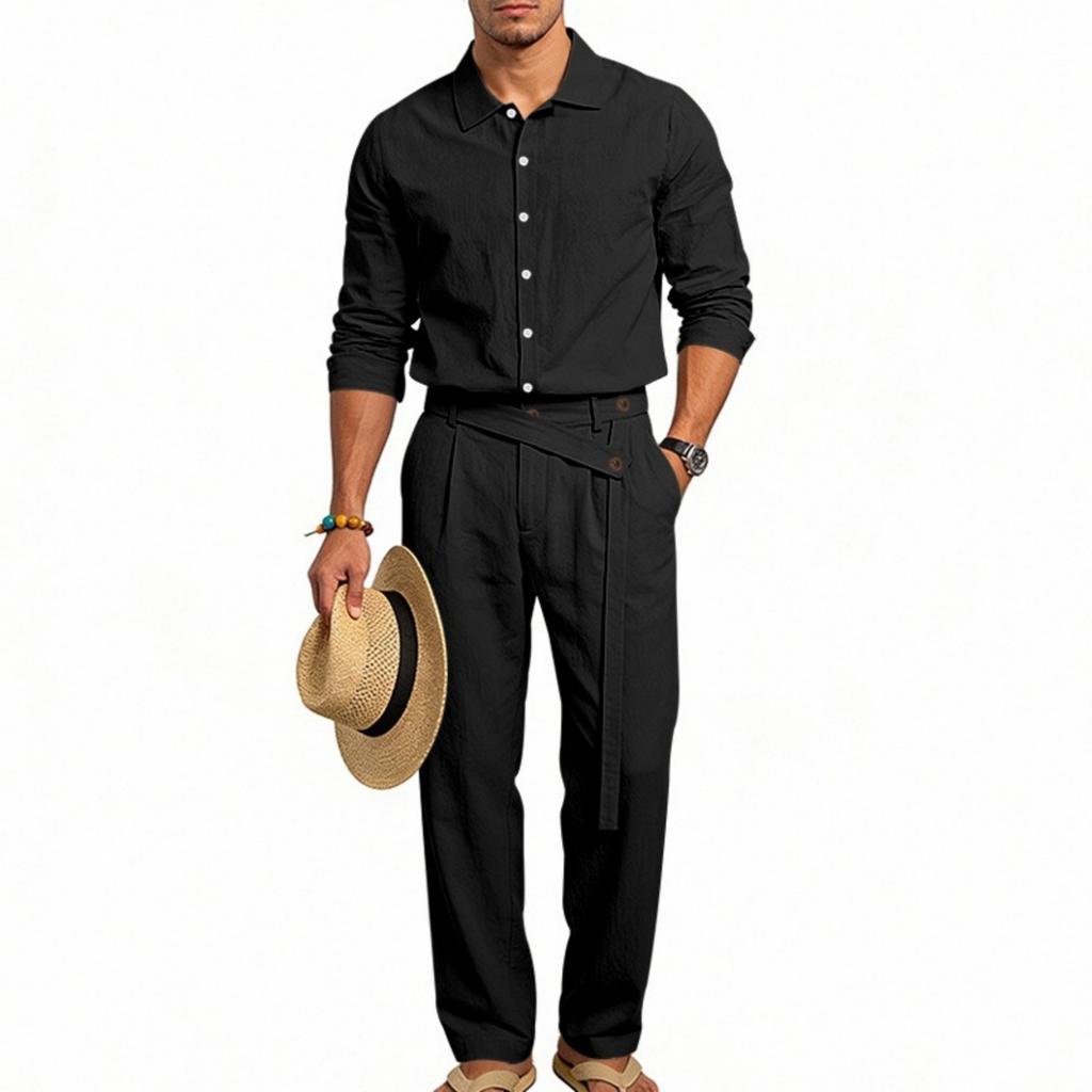Men's Casual Linen Long Sleeve Shirt and Pants Set Two Piece Outfit for Summer Everyday Wear