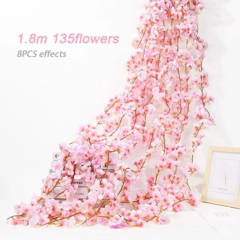 Artificial Flowers Cherry Blossoms Vines Silk Flowers Sakura Rattan Christmas Ornament Hanging Garland Wedding Home Decoration
