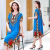 Sommer Ethnischer Stil Damenkleid Rundhalsausschnitt Druck Kontrastfarbe Geometrischer Druck Pullover Locker Kurze Ärmel Midi-Kleid