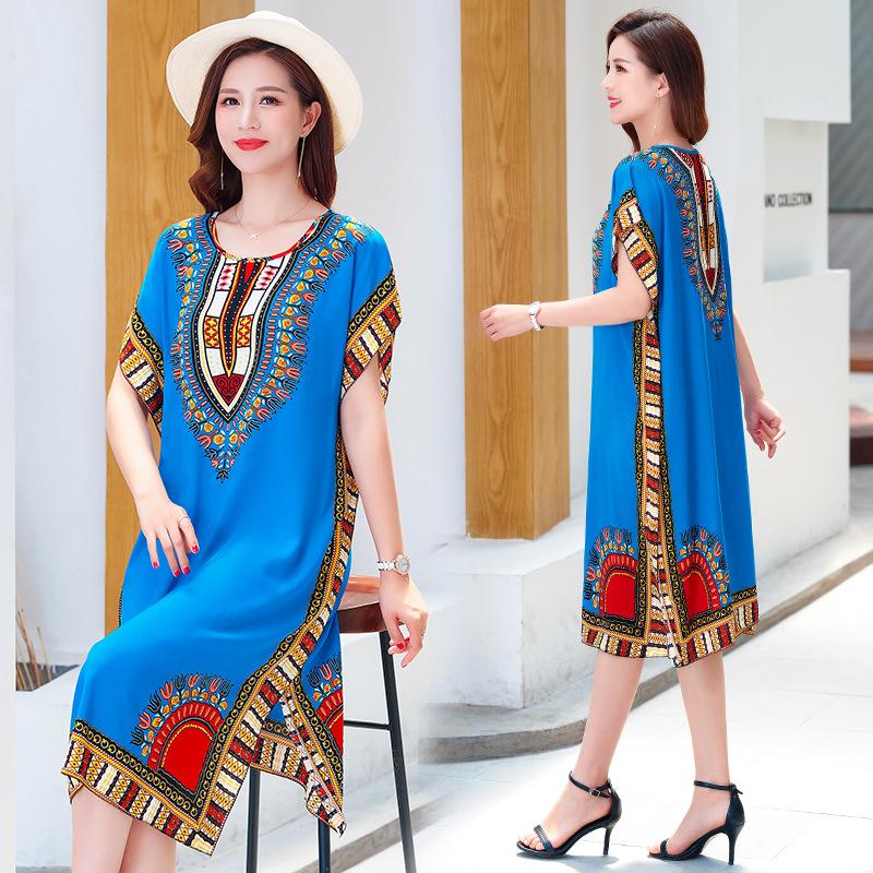 Sommer Ethnischer Stil Damenkleid Rundhalsausschnitt Druck Kontrastfarbe Geometrischer Druck Pullover Locker Kurze Ärmel Midi-Kleid