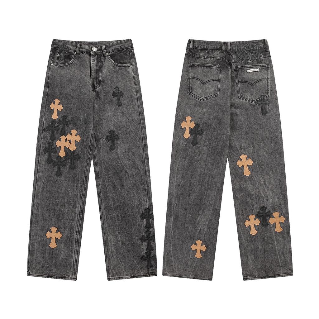 Unisex Cro Cross Leather Tag Washed Denim Jeans - Couples Street Style Loose Fit Long Pants