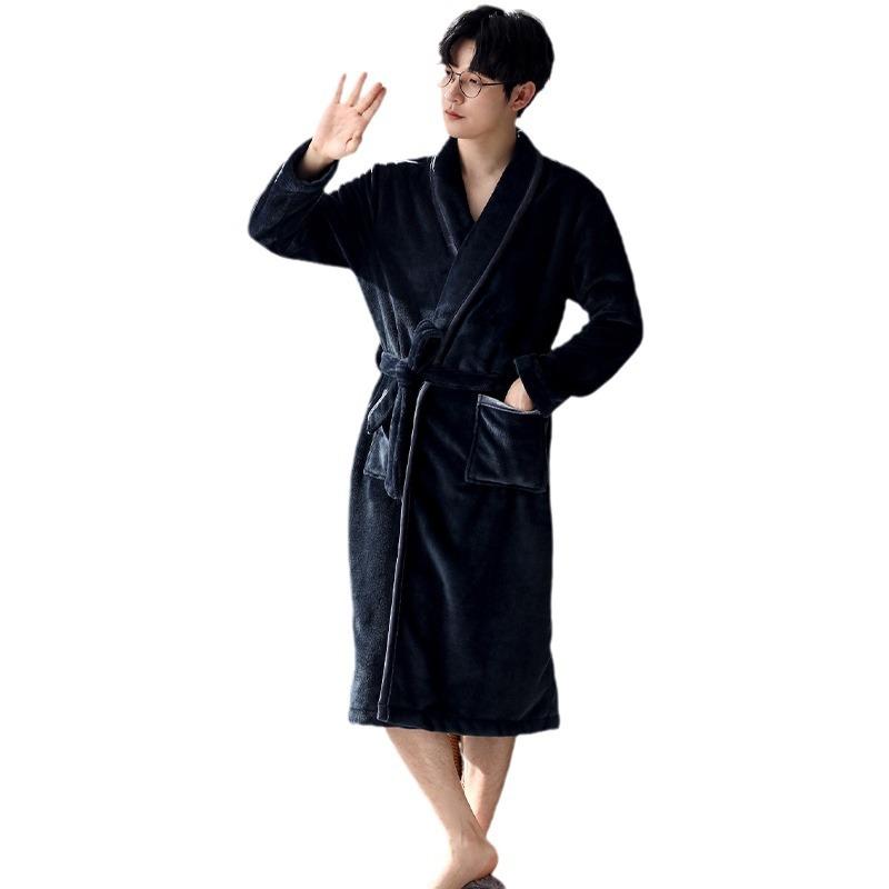 Nightgown Men'S Winter Coral Fleece Warm Fleece Thickened Medium And Long Flannel Robe Pajamas Men'S Winter Bathrobe