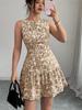 Vestido Mini Boêmio Francês Elegante com Estampa Floral, Sem Mangas e Amarração nas Costas