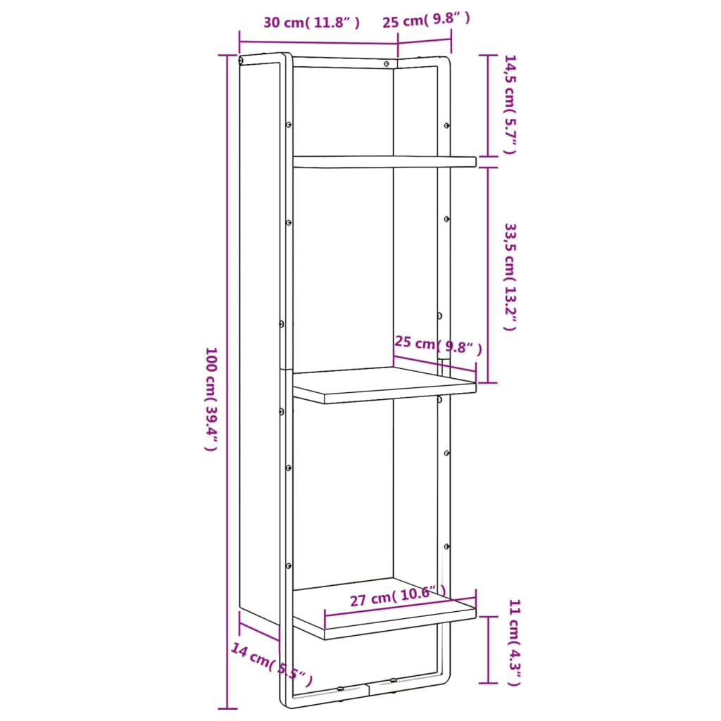 Wall Shelf 3 Tier Brown Oak Effect 30 x 25 x 100 cm Wood Based Material