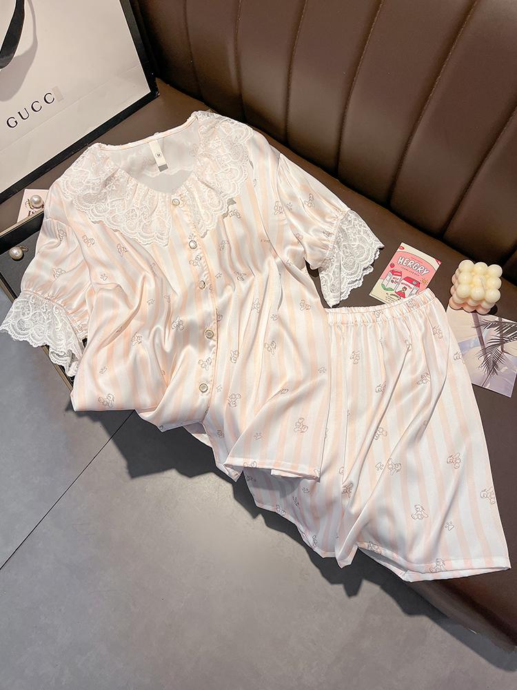 Women's Short-Sleeve Striped Cartoon Mulberry Silk Pajama Set
