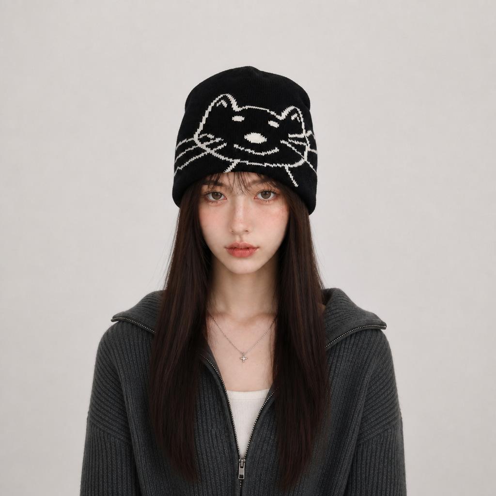 Korean ins blogger cute kitten jacquard knitted hat women's autumn and winter ear protection warm wool hat cold hat