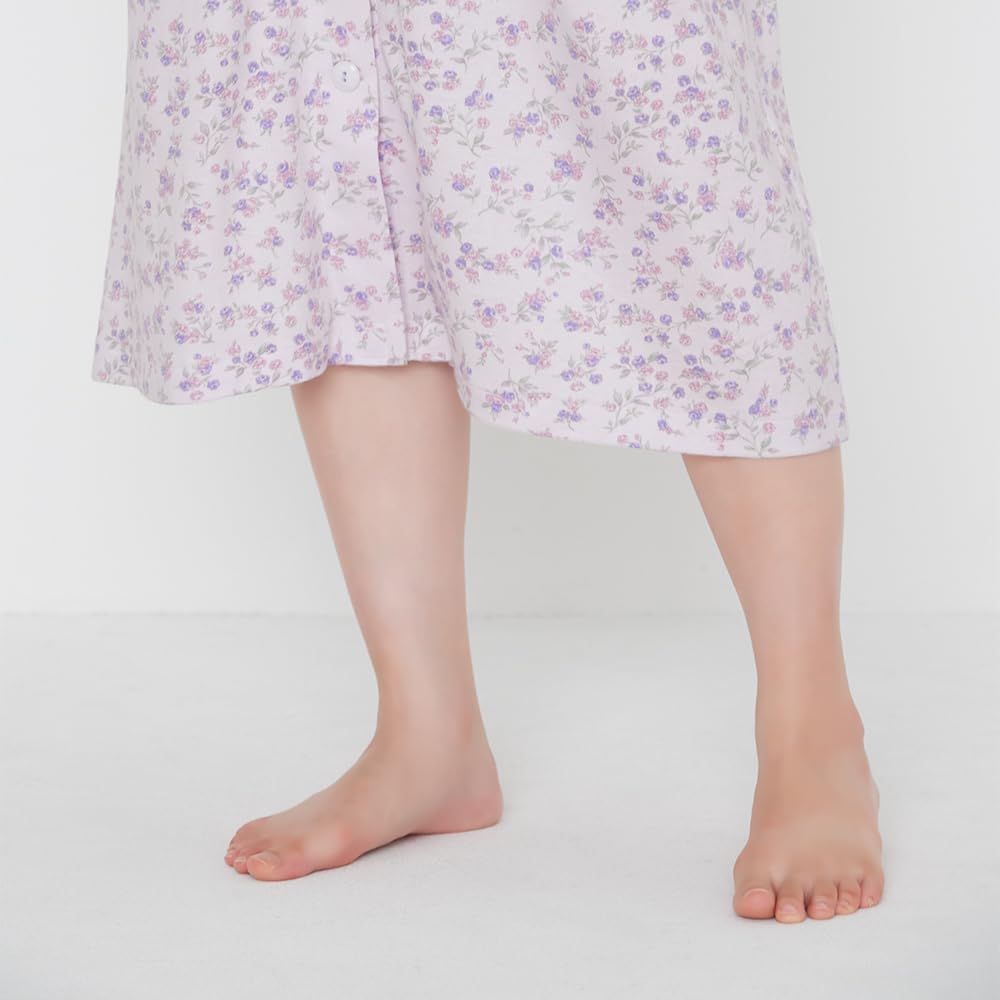 Langärmliger glatter PT Pyjama mit leicht zu stützendem Saum mit Druckknöpfen, Damen-Nachthemd, 100% Baumwolle,