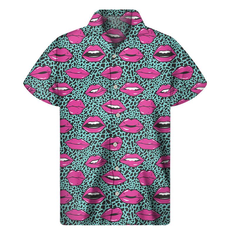 Fashion Red Lips 3d Printed Shirt Men Women Summer Vacation Loose Short Sleeves Hawaiian Tee Shirts Button Lapel Blouse S
