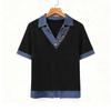 Women's Fashion Denim Collar Patchwork V-Neck Faux Two-Piece Short-Sleeve Casual Top