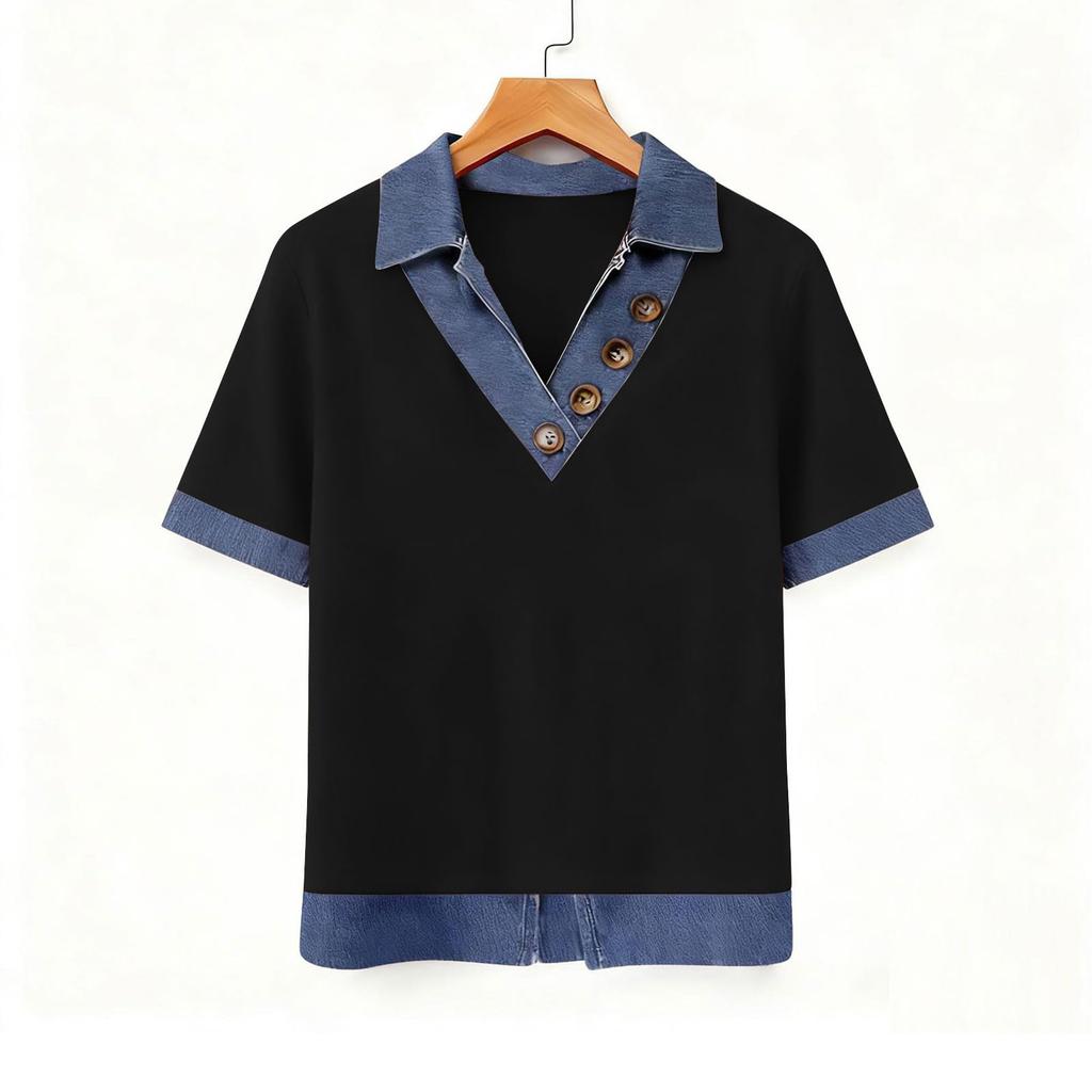 Women's Fashion Denim Collar Patchwork V-Neck Faux Two-Piece Short-Sleeve Casual Top