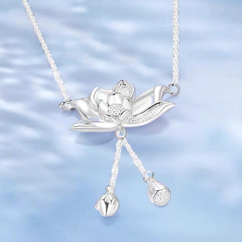 Sterling Silver S925 Lotus Tassel Necklace Two World Happy Ethnic Style National Fashion Pendant for Women