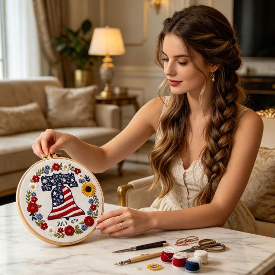 July 4th Embroidery Kit DIY Embroidery Craft Set with Hoop Threads Hand Embroidery Kit for Beginners Adults