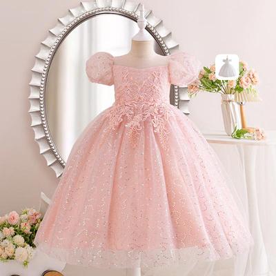 "Girls' Puff Sleeve Mesh Princess Dress - Wedding and Dinner Stage Attire"
