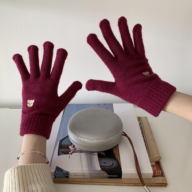Cartoon Thermal Gloves Women Winter Thickened Cute Couple Student Cold Knitted Wool Riding Five Fingers