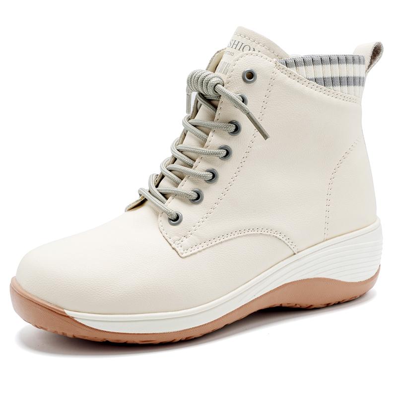 

Women Platform Sport Shoes Casual Black Leather Boots Elevator Shoes Thick Sole High Top Height Increase Sneakers 35