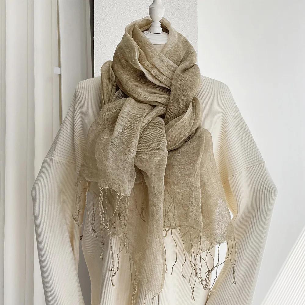 Summer Sunscreen Linen Scarf Women'S Solid Tassel Shawl Art Forest Japanese And Korean Linen
