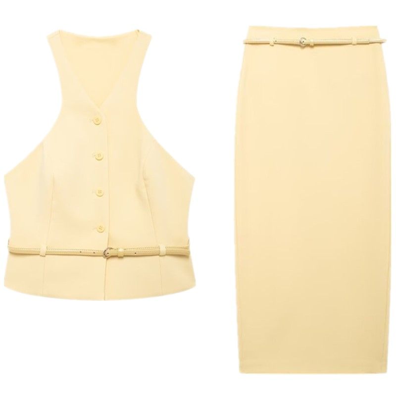 Fashion Style 2024 Autumn New Women's Clothing with Belt Hanging Collar Sleeveless Vest Style Tops 5030737