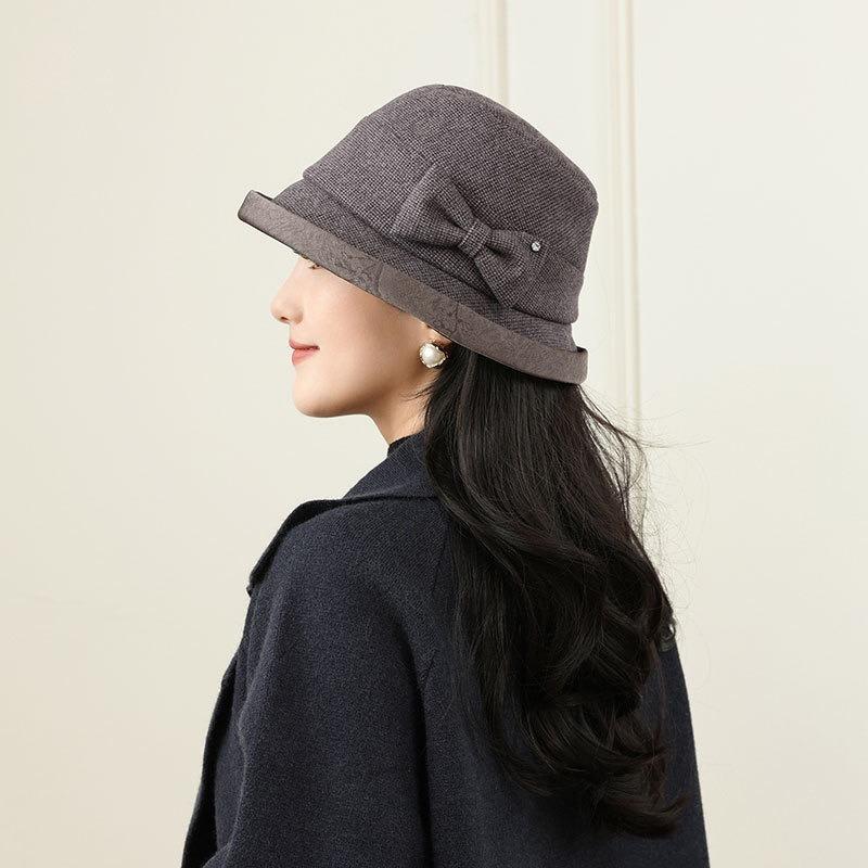 Tempérament chapeau seau à carreaux fins avec nœud pour femmes automne et hiver polyvalent petit visage élégant chapeau cloche en laine