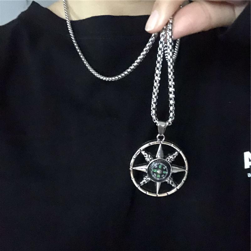European and American Retro Compass Pendant Titanium Steel Necklace Versatile Fashion Hip-hop Long Sweater 60CM