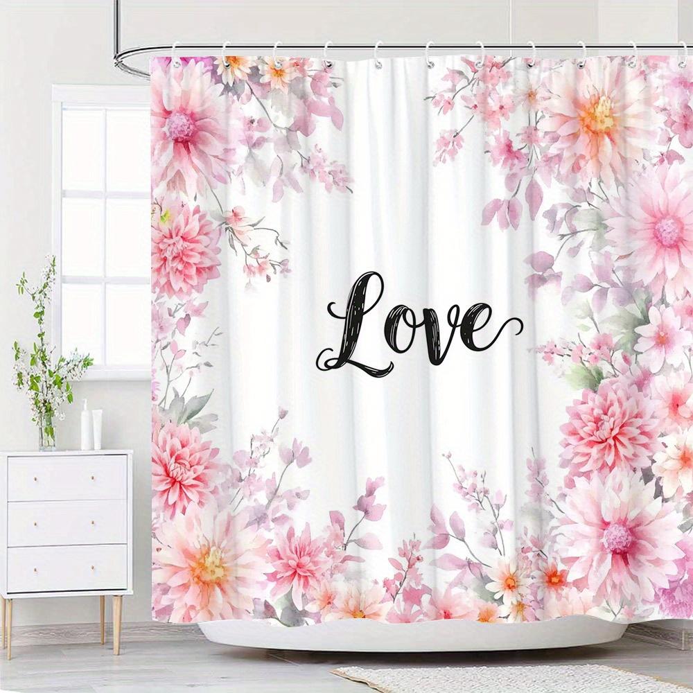

1Pc Floral Love Shower Curtain - Soft Pink & White Flowers, Polyester, 70X70In, Washable, All-Season, 12 Hooks, Woven Arts Theme W60H190(CM)-1 Pcs