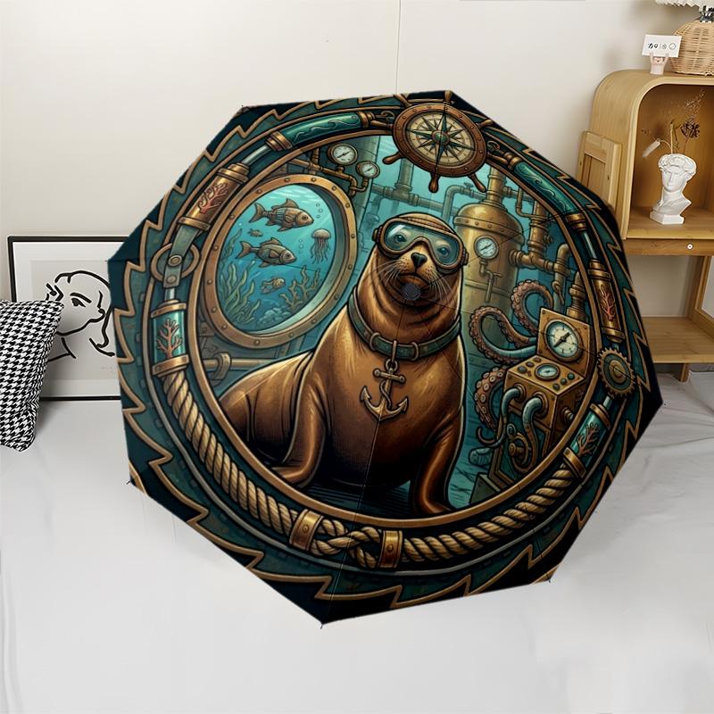 Steampunk Seal Adventure pattern umbrella, portable and foldable design, 8 ribs, a casual accessory for Halloween, Christmas, and birthday gifts.