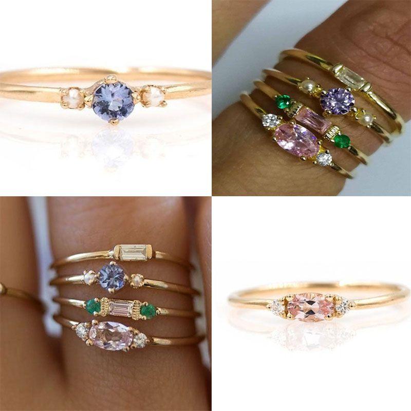 Beautifully Crafted 4 In 1 Set Of Womens Gold Plated Zircon Gemstone Rings