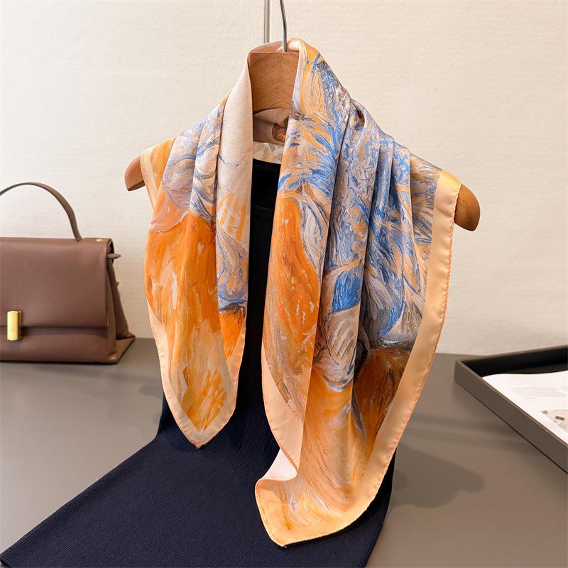 Elegant Oil Painting Print Silk Head Scarf Women Square Hijab Soft Neck Tie Female Fashion Decorate Silk Headscarf Kerchief