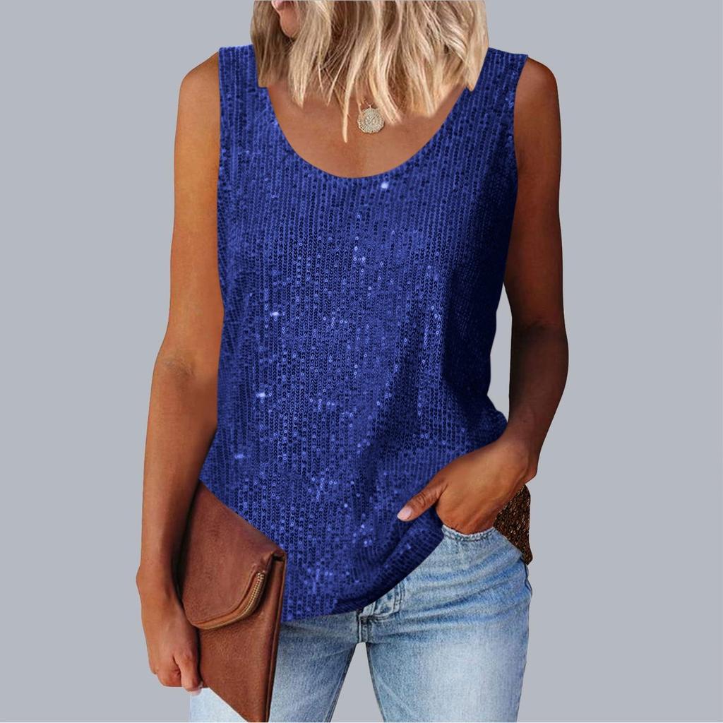 Women's Top, Commuting Sequins, Loose Fitting, Round Neck Vest, Comfortable and Casual