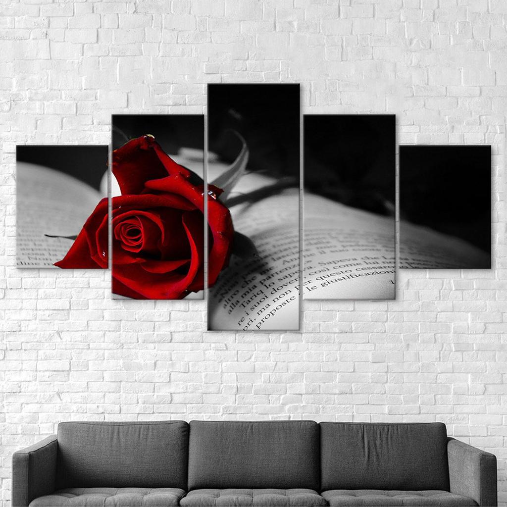 Red Rose Flower Book Scene 5 Piece Five Panel Wall Canvas Print Modern Art Poster Picture Home Decor Gift For Him For Her
