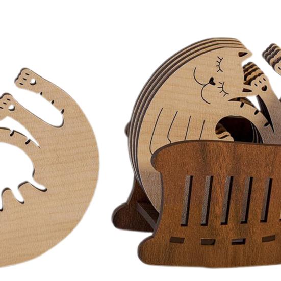 5Pcs Wooden Coasters Engraved Lovely Cat Pattern Table Mats Heat-Resistant Placemats for Coffee Cups Mugs Drinks