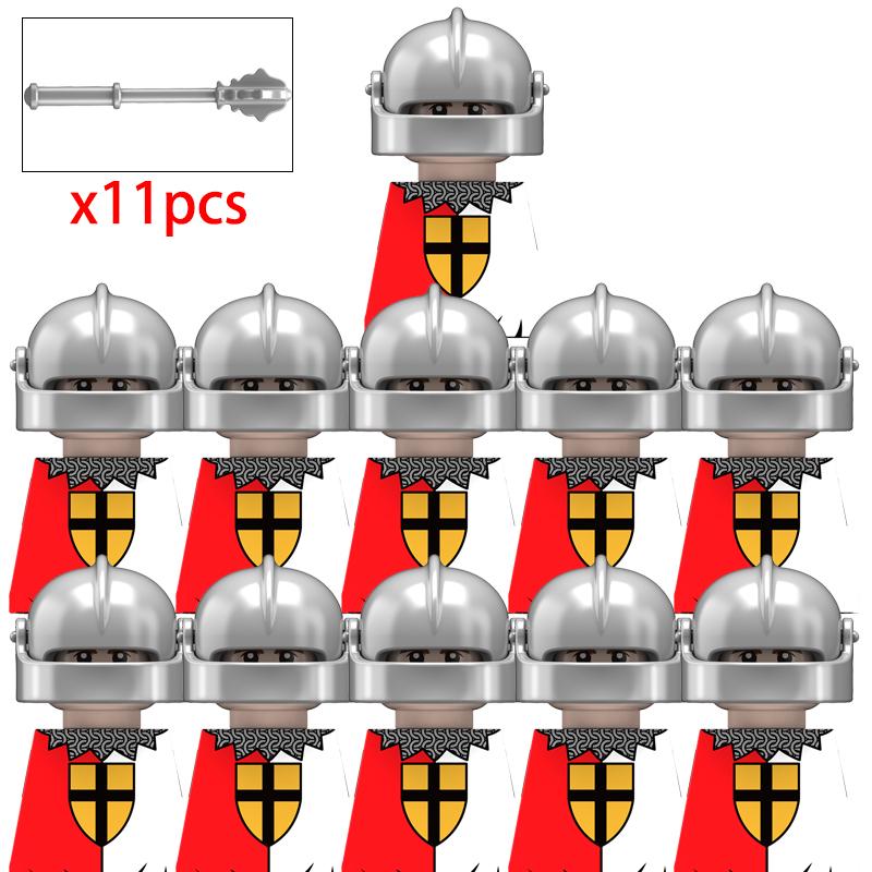 11 Silver Gray Knight Figures w Yel Edge Helm Swords Red Cross Shields White Cloaks No Baseplate