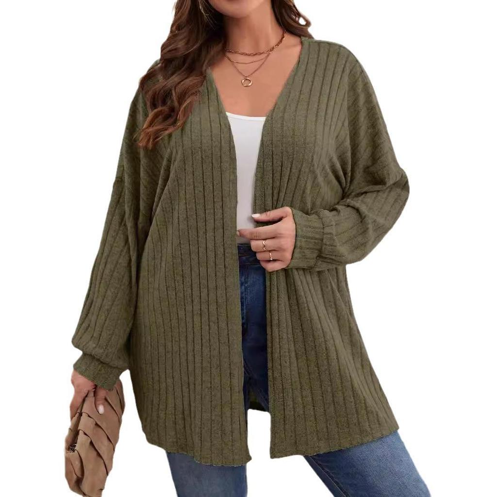 Brushed Solid Color Knit Plus Size Women's Coat - Autumn & Winter, Long-Sleeved, Loose Mid-Length