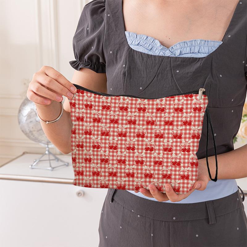 Korean Cherry Plaid Cosmetic Bag Large Capacity Stationery Bag Travel Toiletry Bags Portable Multifunctional Storage Pouch