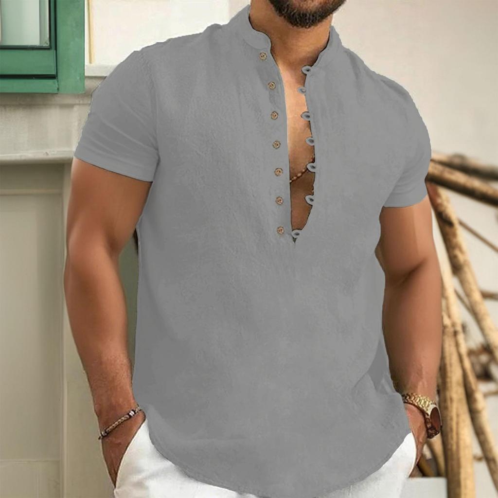 Sommer Neues Baumwollleinen T-Shirt für Herren Einfarbig Halb geknöpft Henley-Ausschnitt Lässig Gemütlich Schlichter Stil Knopf-Tops
