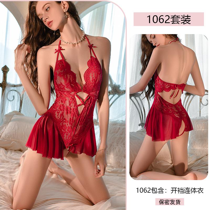 Sexy lingerie sexy lace neck seduction onesie women's crotch uniform free pajama set