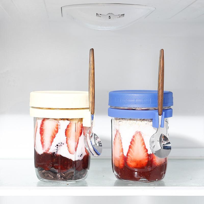 Overnight Oat Cup Transparent Glass Mason Cup Simple Portable Cereal Cup with Spoon Lid Yogurt Graduated Cup