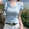 White V-neck Short-sleeved T-shirt Women's Summer New Popular Pure Cotton Slim-fitting and Thin High-end Shoulder Top