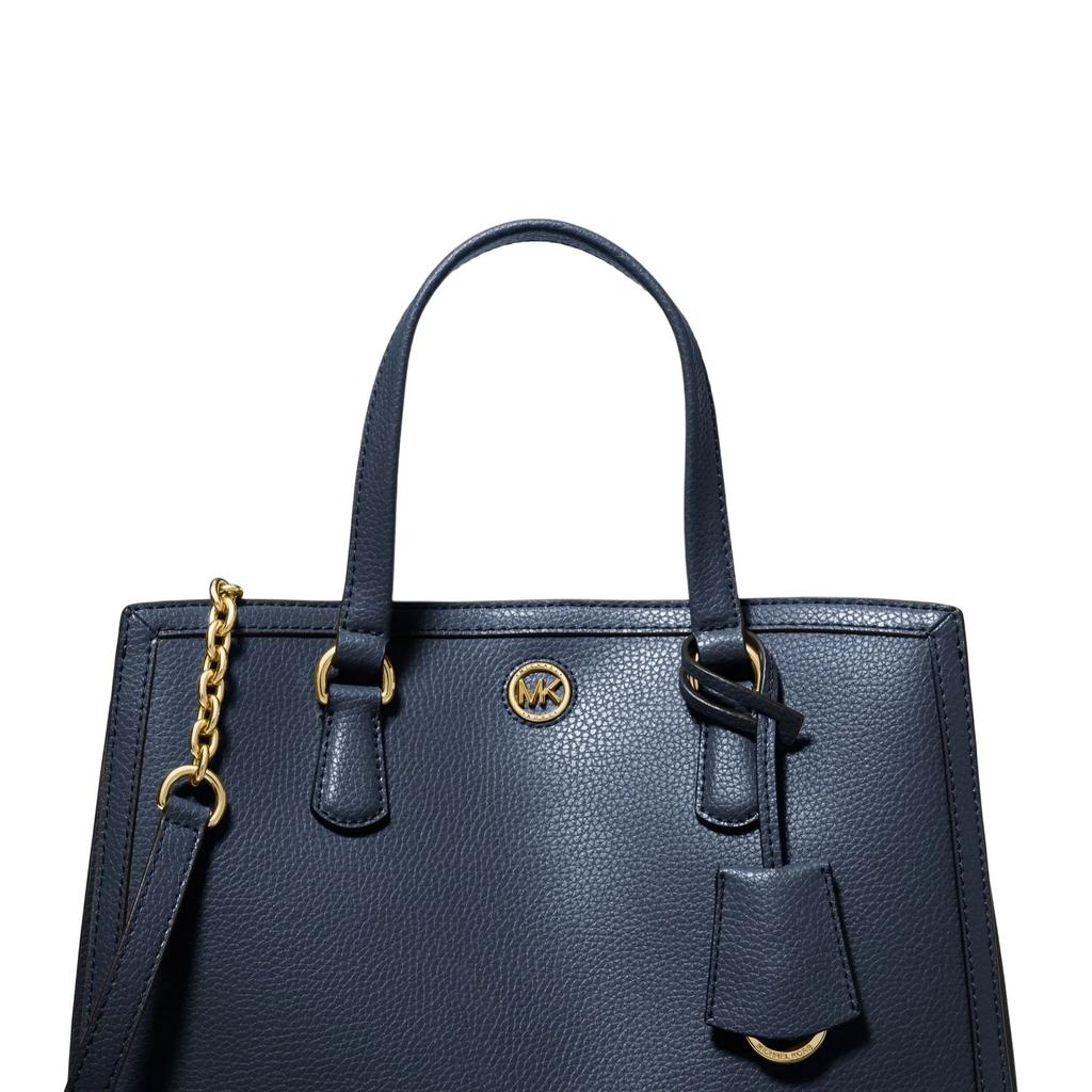 Michael Kors Mk Chantal Logo Solid Grain Magnetic Buckle Zipper Closure Leather Tote Bag Women Tote Navy-Blue 30F2G7CS2T-406