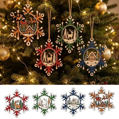 Vintage Style Christmas Tree Pendants 4 Pcs Snowflake Ornaments, Rustic Wooden Hanging Decoration with Decorative Shapes for Gift Tags Elk Village