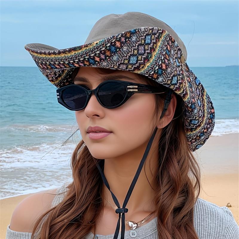 2-Way Adjustable Women's Bohemian Embroidered Sun Hat - Wide Brim Windproof Fisherman Hat with Vibrant Geometric Patterns, All-Season Outdoor Travel