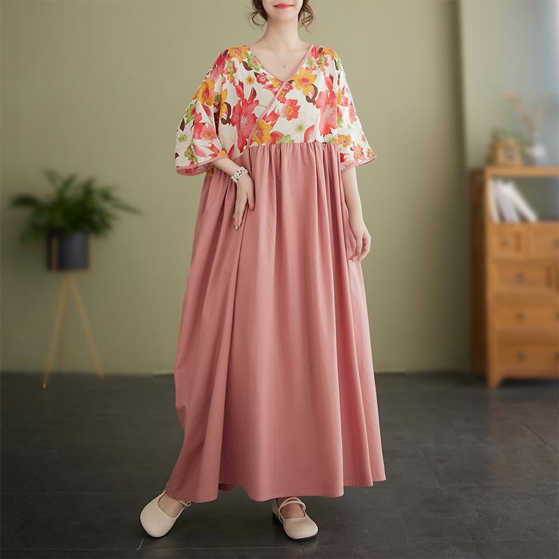 DIMANAF 2024 Plus rozmiar letnia sukienka damska patchworkowy nadruk luźna sukienka Vintage sukienki na co dzień dekolt w serek kobieta