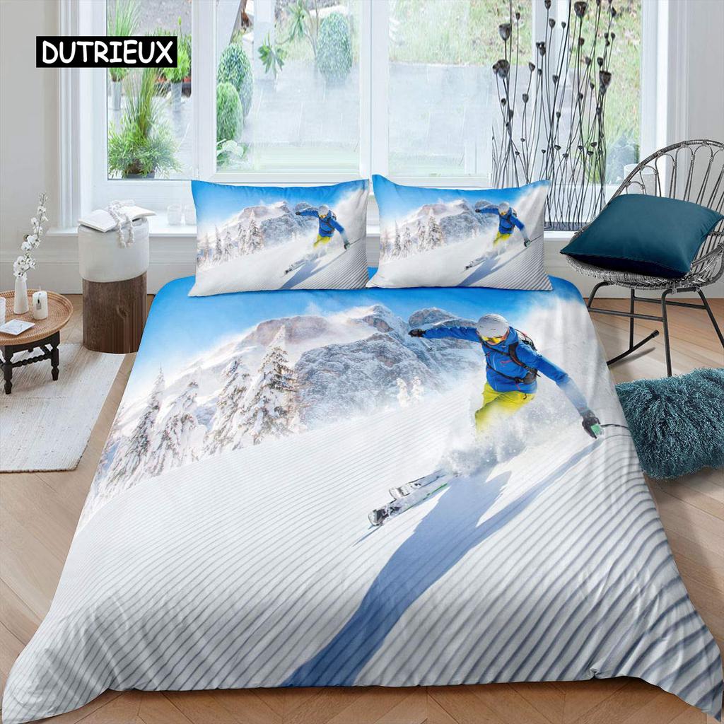 Ski-Bettbezug-Set, Cartoon-Ski-Bettwäsche-Set, Sport-Thema, Bettbezug, Extremsport-Design, Queen- und King-Size-Bettbezug