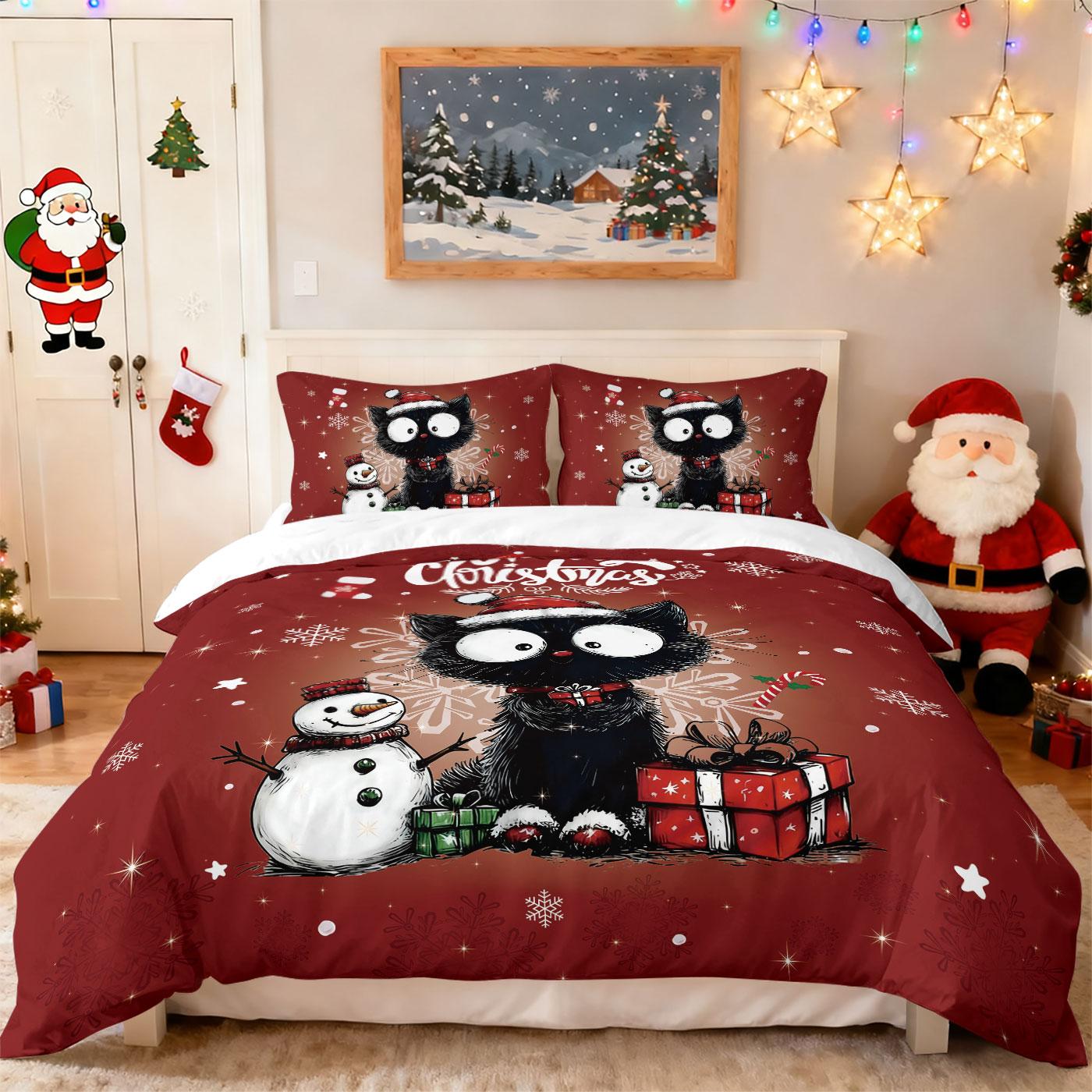 

3pcs Red Christmas Black Kitten Printed Coreless Bedding Set Soft Comfortable Dormitory Bedroom Multiple Sizes Machine Washable 135x200cm-EU-Single&set