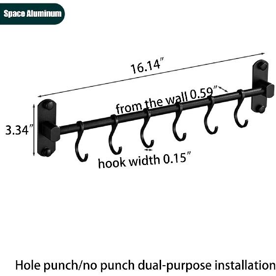 Kitchen Rail with 6 Sliding Hooks, Wall Mount Kitchen Utensil Rack, Pan and Pot Hangers Organization and Storage Holder Set, Black