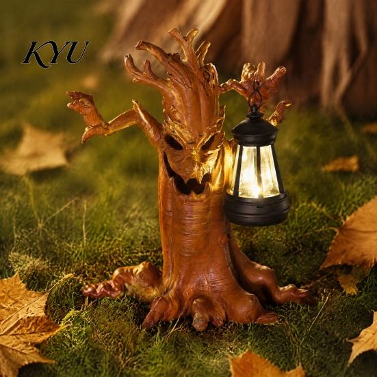 Halloween Tree Spirit Decorations Scary Statue with Solar Lantern, Resin Spooky Powered Garden Statues Figurine, Weatherproof Outdoor Yard Patio