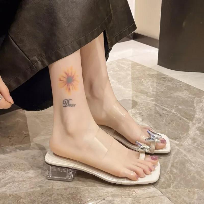 Fashion Sandals 2024 Summer New Shiny Diamond Flowers Thick Bottom Slope Heel Round Toe Clip Comfortable Flip-flops Women