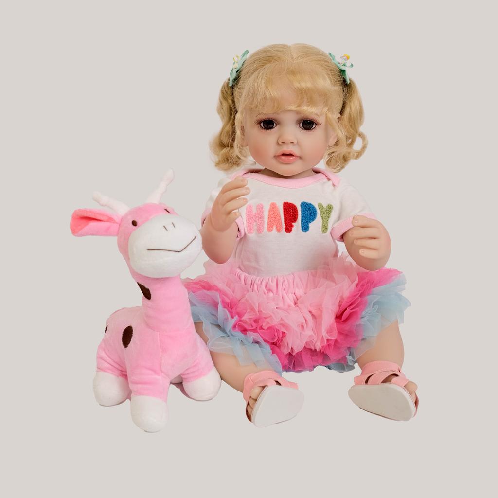 55cm Cute Reborn Dolls Betty Soft Vinyl Full Silicone Body Newborn Babies Doll with Rooted Gold Curly Hair Lifelike Baby Doll Birthday Gifts for Girls