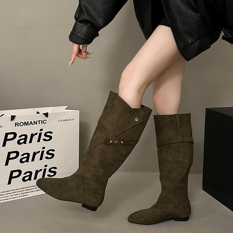 Belt buckle boots knee new temperament is not too low, thin boots women's fashion big tube circumference autumn heel pointed