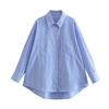 Spring New Arrival Women's Clothing Long Sleeves Lapel Versatile Casual Loose Inner Wear Bandage Dress Tops Blue and White Stripes Shirt